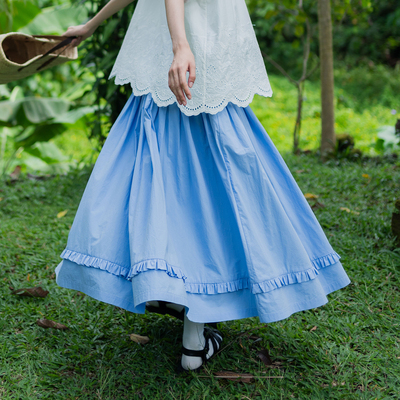 古苔胶片蓝木耳边小个子半身裙女