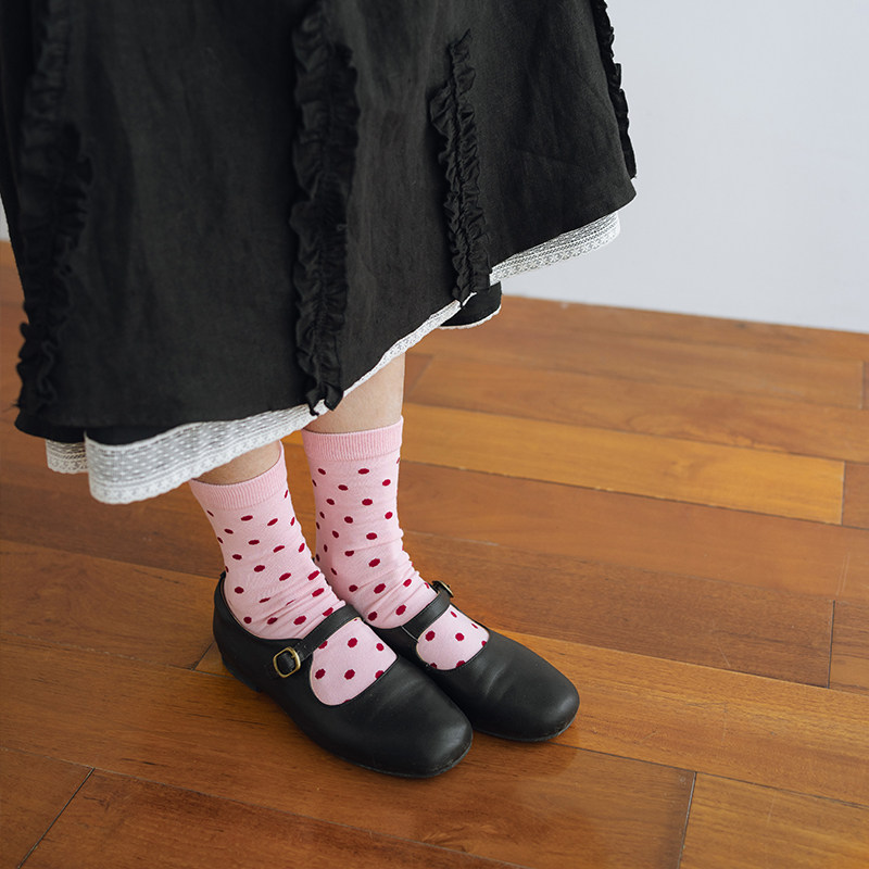 古苔日系粉色波点袜子女中筒袜