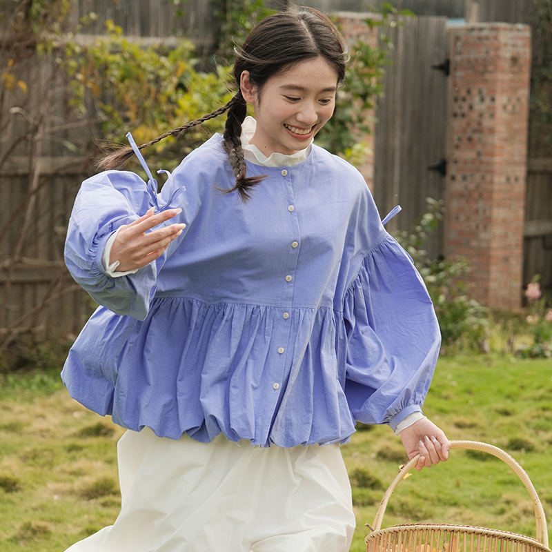 古苔浅春系蓝色花苞衬衫娃娃衫女