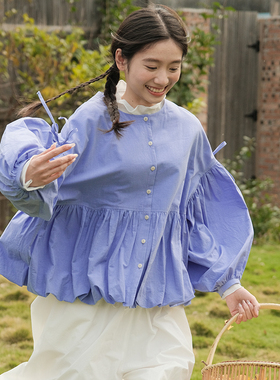 古苔「蓝色小飞燕」花苞衬衫 单排扣泡泡袖娃娃衫 穿蓝色过春天女