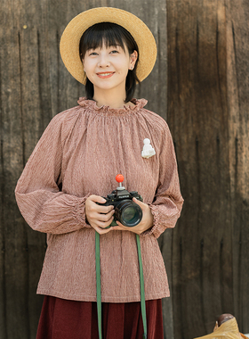 古苔「经典返场」日系复古红色格子木耳领套头衬衫秋上衣GOODTIME