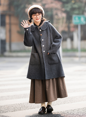 古苔 新衣服可爱捏暖fufu100羊毛大衣灰色格雷系文艺显瘦毛呢外套