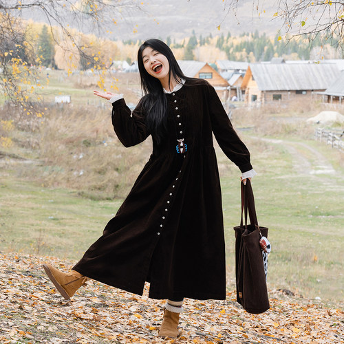 古苔咖啡豆色灯芯绒衬衫连衣裙女