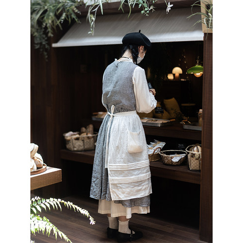 古苔亚麻围裙日系咖啡面包店家用