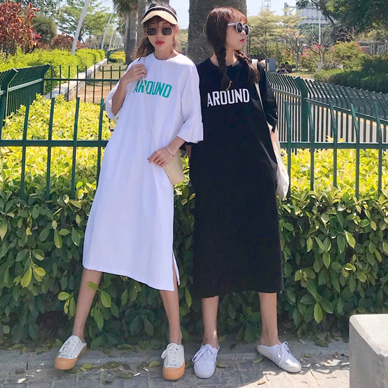 闺蜜姐妹加长款T恤裙女装2018夏韩国纯棉过膝百搭宽松连衣裙长裙