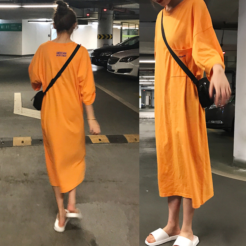 韓風Chic可愛口袋懶人短袖加長款T恤女夏季簡約寬松體恤連衣裙潮