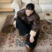 翻领羊羔绒拼接PU皮衣外套女秋冬复古宽松机车夹克皮毛一体上衣潮