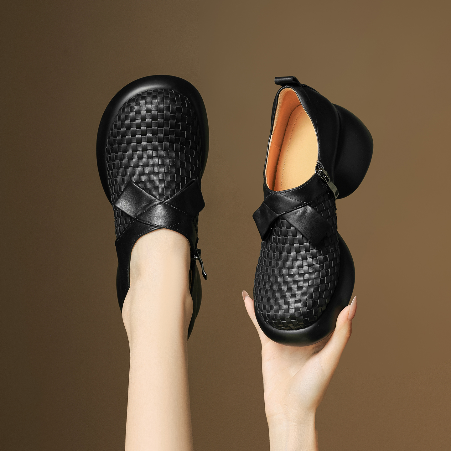 中年复古风真皮妈妈鞋厚底高跟鞋