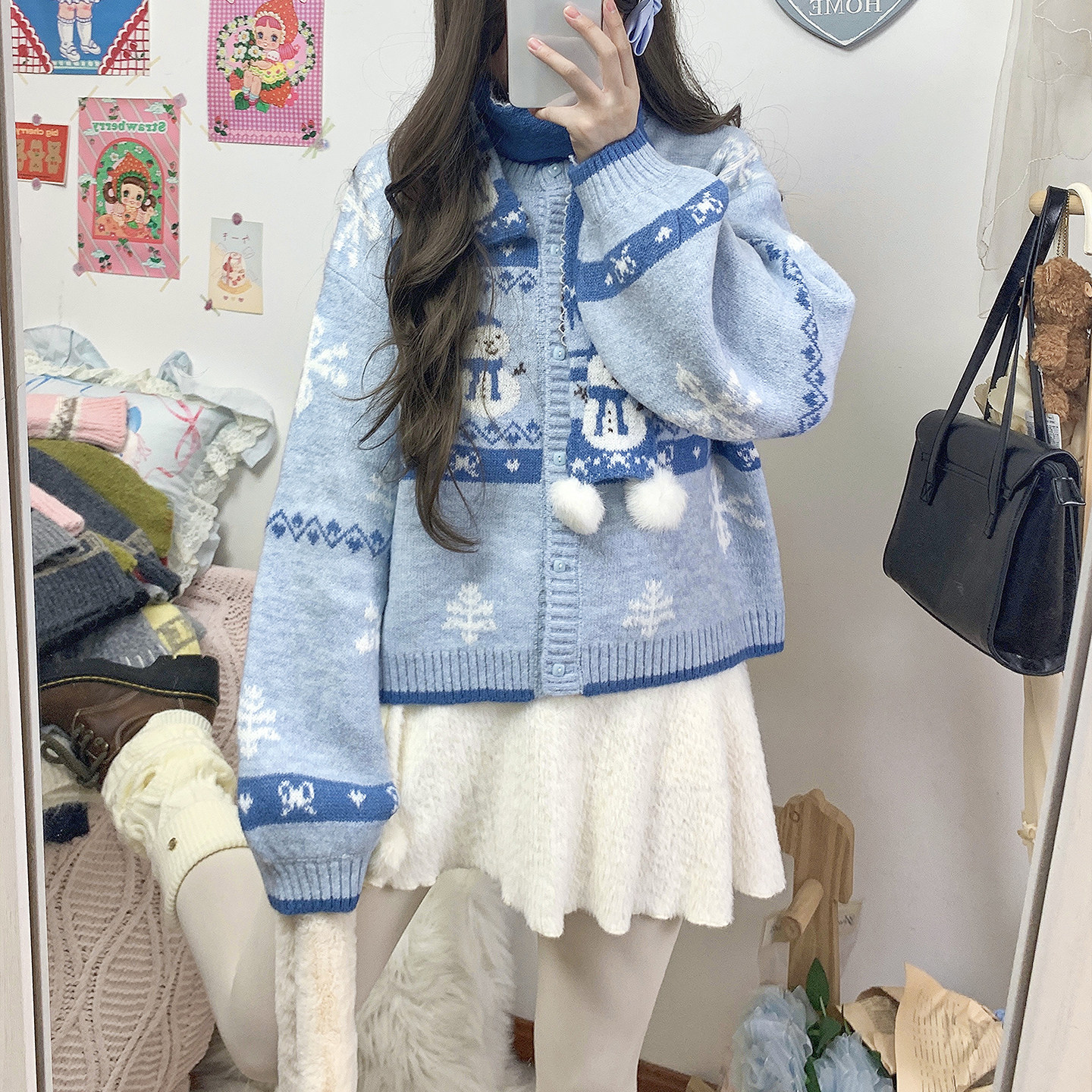 YLZZ小雪人毛衣宽松提花可爱针织宽松开衫毛球围巾秋冬工厂自制