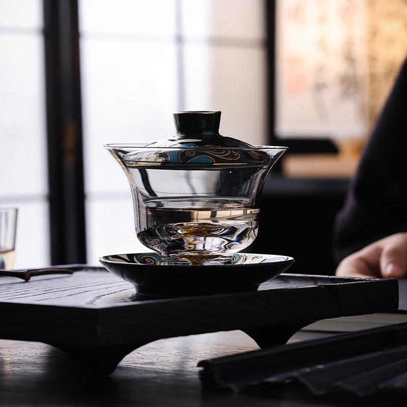 高档轻奢中式耐热防烫大号玻璃三才盖碗J珐琅彩办公家用敬茶碗茶