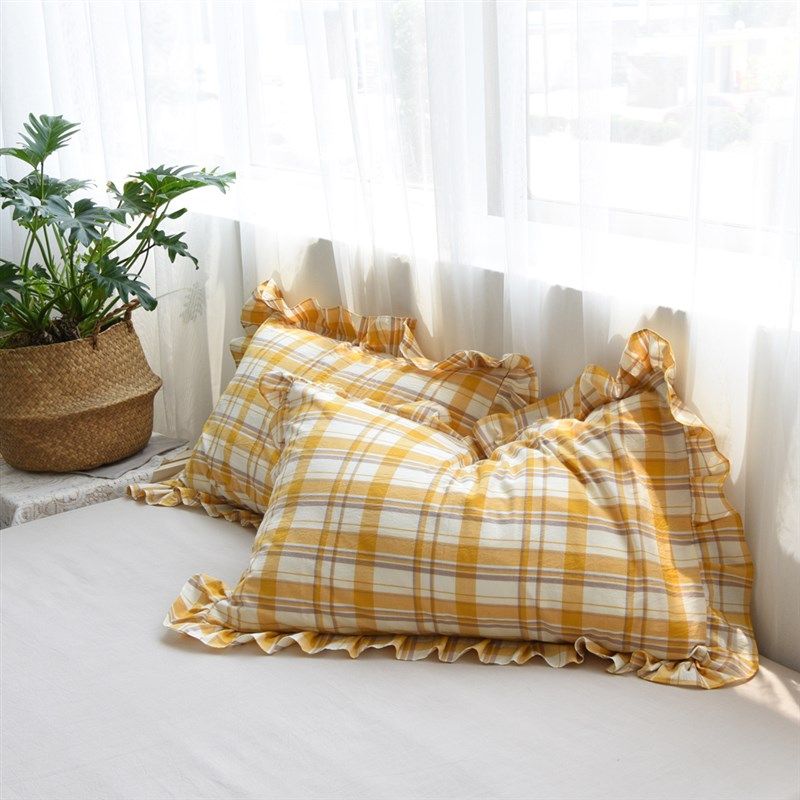 清新复古黄色纯棉格子荷叶边枕套一对单人全棉枕头套W韩式木耳花