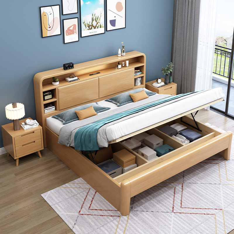 北欧实木床现代简约卧室1.8软靠带夜灯双人大床1.U5m小户型储物床