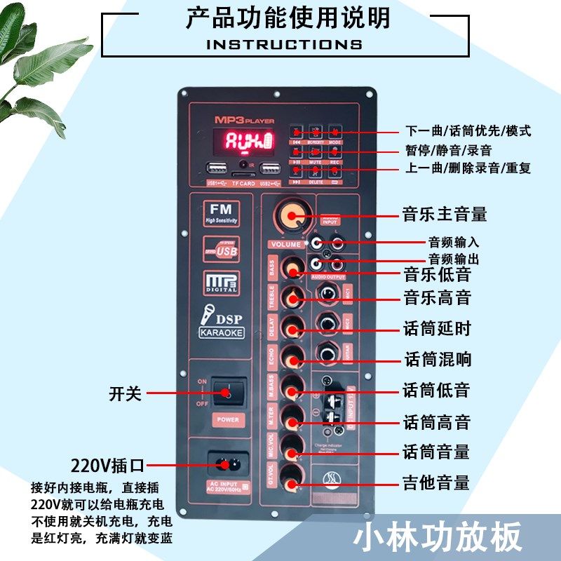 广场舞户外拉杆音响功放板带蓝牙 改装音箱主板接1P2V电瓶220V供