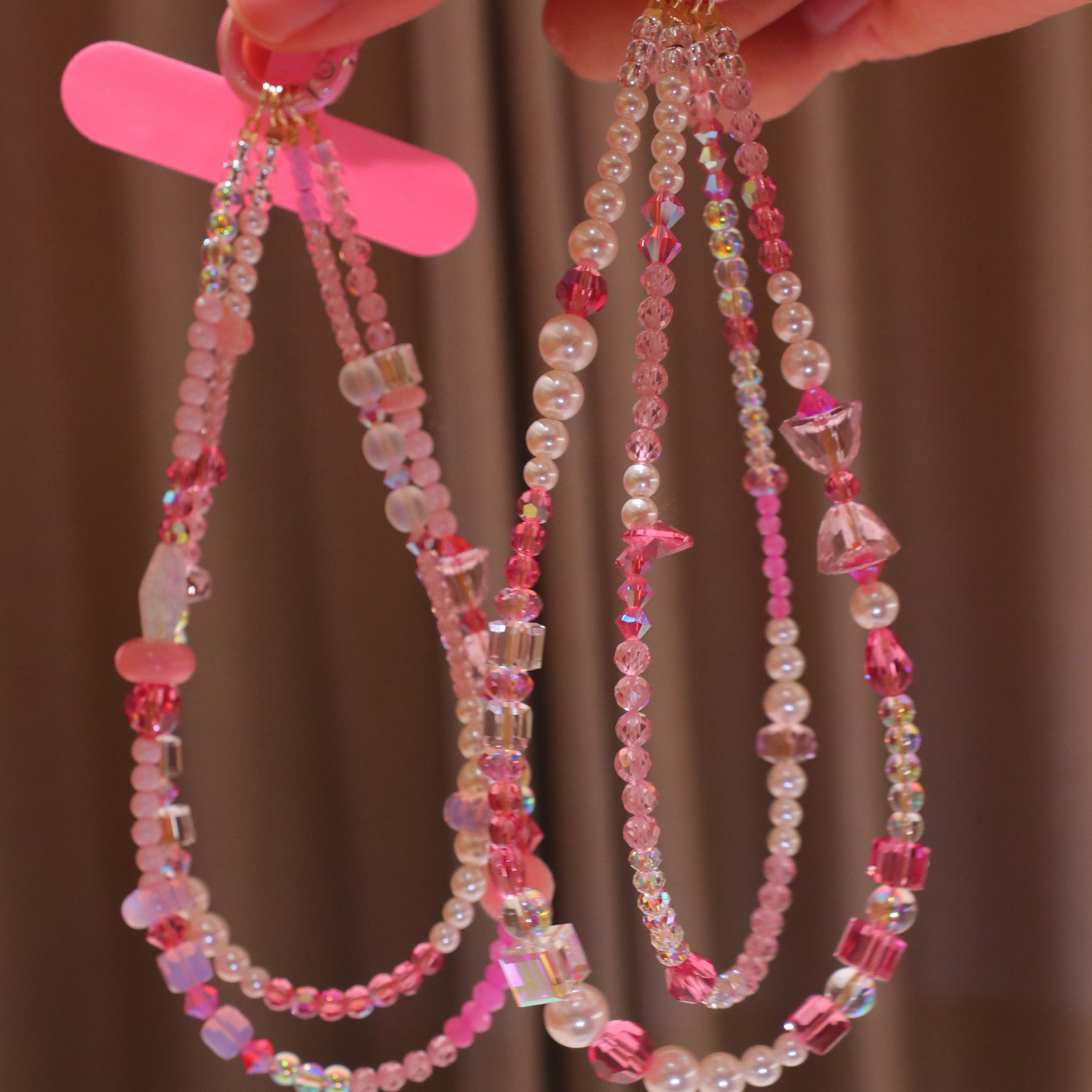 嗲嗲的粉色系施华洛水晶双层手机链精致小公主风挂饰包包挂件礼物