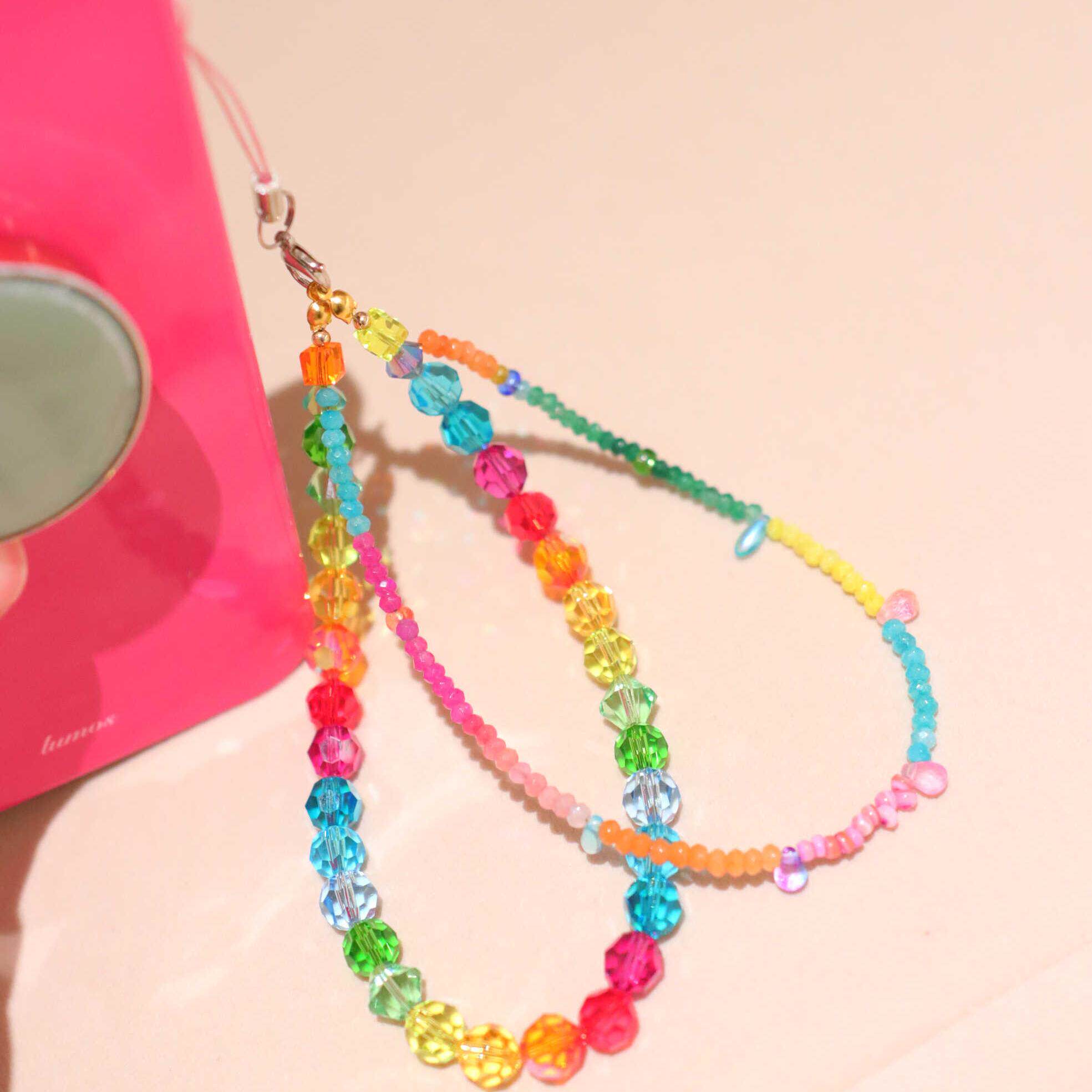 原创手作INS风彩虹渐变水晶手提挂绳手拎时尚包链手机链饰品