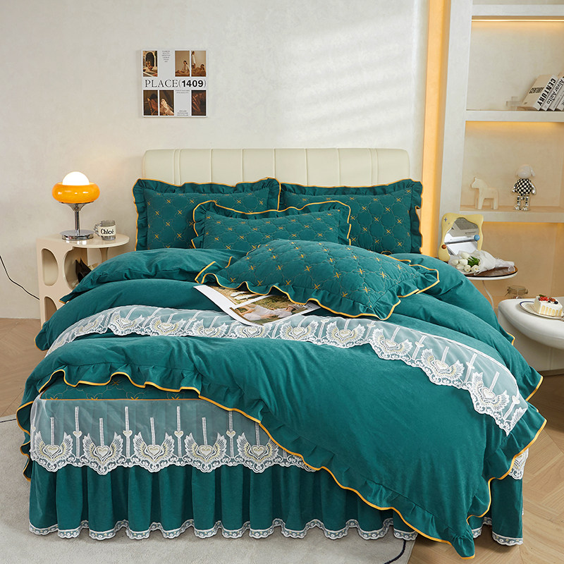 EUROPEAN QUILT COVER FOUR-PIECE BED SKIRT PRINCESS STYLE BEDSPREAD BED SHEETS COTTON BRUSHED THICKENED BARE BEDDING
