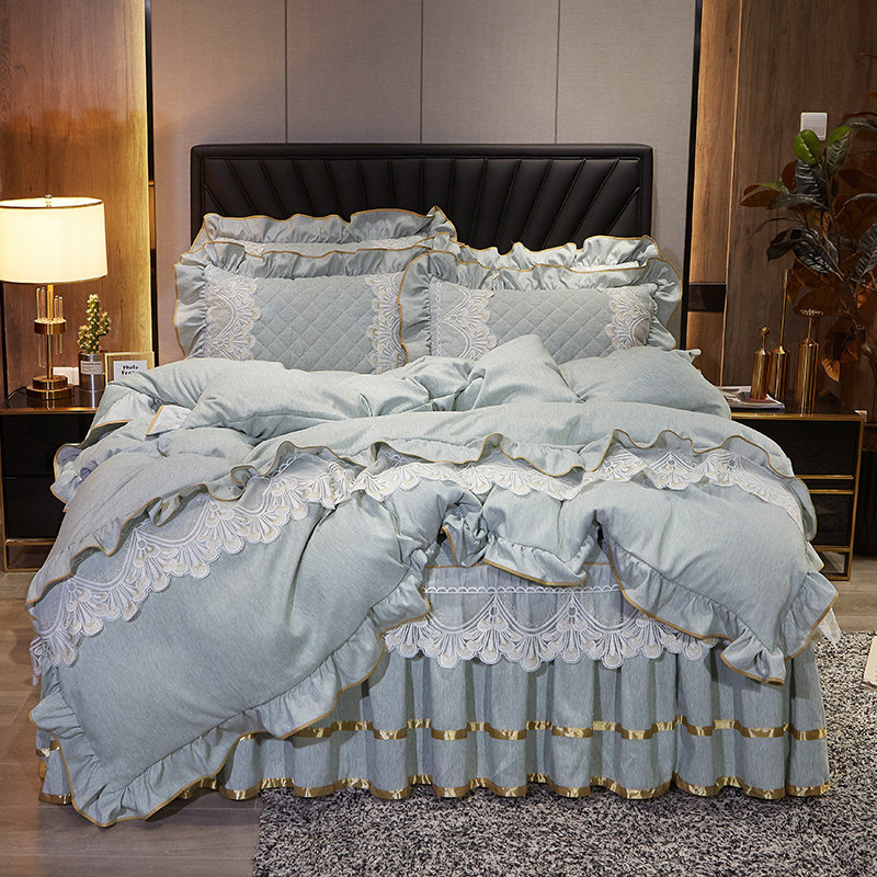新款夹棉床裙式四件套欧式床罩床套加厚蕾丝花边床单被套床上用品
