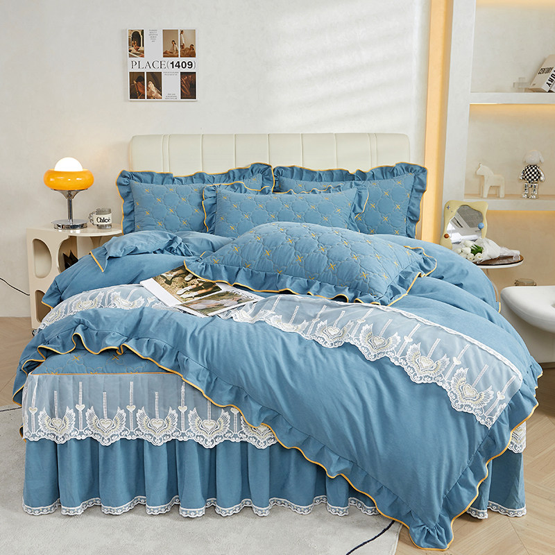 EUROPEAN QUILT COVER FOUR-PIECE BED SKIRT PRINCESS STYLE BEDSPREAD BED SHEETS COTTON BRUSHED THICKENED BARE BEDDING