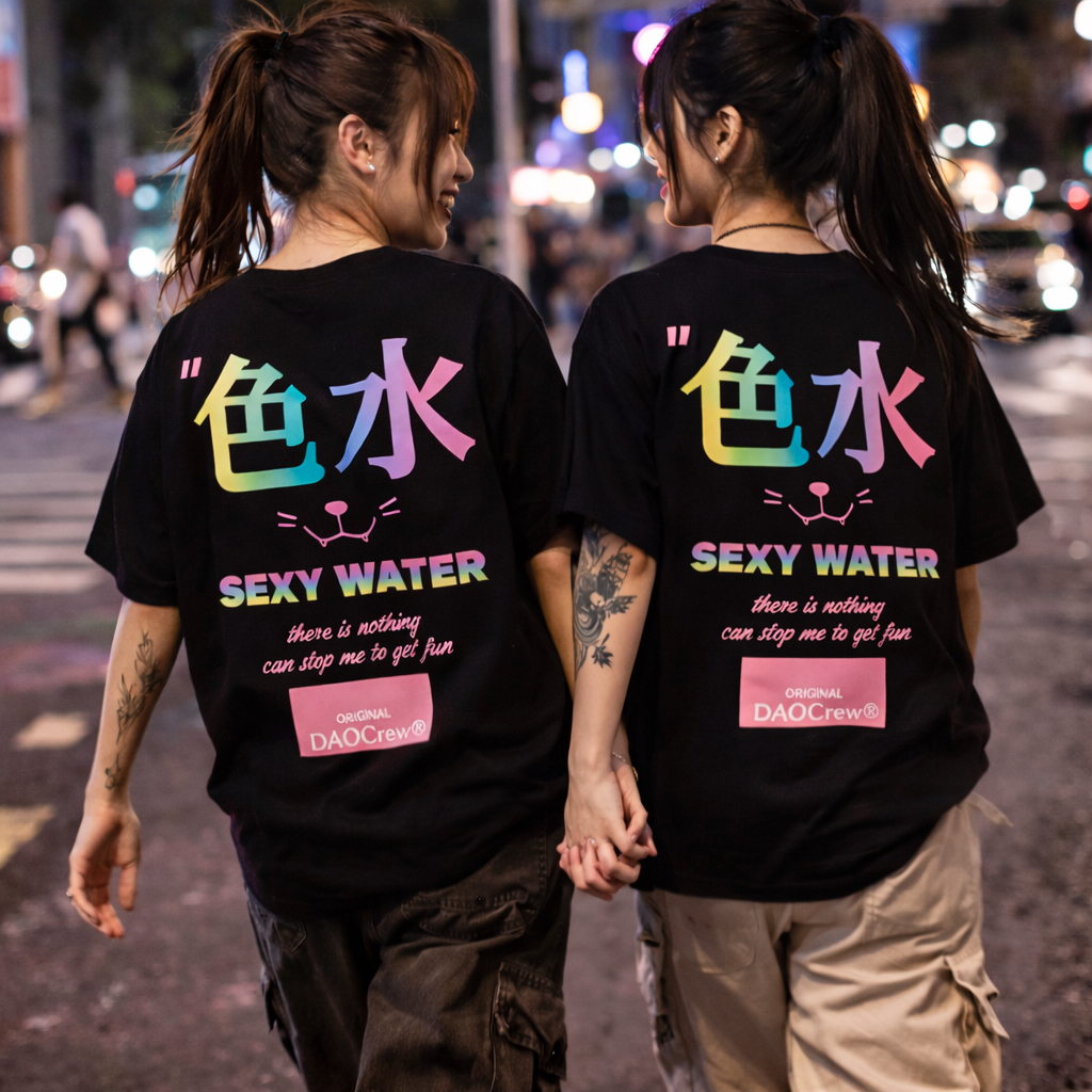 海南制造DAOCrew小众岛民潮牌黑白印花圆领短袖T恤色水岛民情侣装