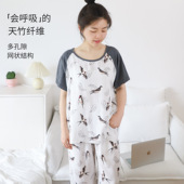 竹棉纱布居家睡衣女夏季 圆领亲子家居服竹纤维潮 薄款 套装 凉感短袖