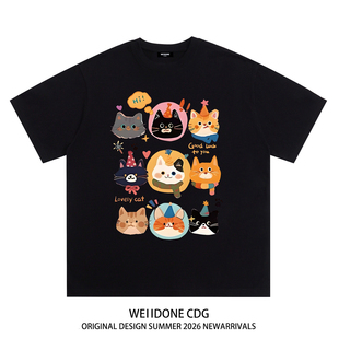 潮牌WELLDONE可爱猫咪印花重磅宽松纯棉短袖 t恤 CDG美式 WE11DONE