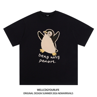 潮牌WELLDONE企鹅印花男女重磅宽松纯棉短袖 t恤 CDG美式 WE11DONE
