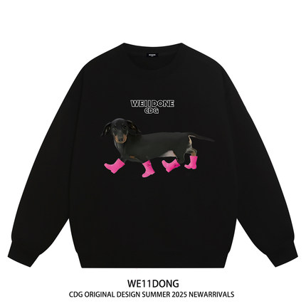 WE11DONE CDG赵露思同款腊肠狗狗印花男女情侣装宽松加绒圆领卫衣