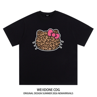 潮牌豹纹HelloKitty猫印花重磅宽松纯棉短袖 t恤 CDG美式 WE11DONE