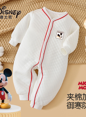 迪士尼三层夹棉婴儿连体衣米奇卡通印花长袖哈衣爬服加厚保暖睡衣