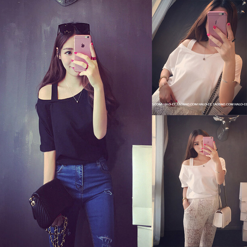 一字领短袖t恤 女大码宽松学生百搭打底衫漏肩体恤上衣 小心机t恤|ruв категории Женская одежда, футболка - от Buy2taobao.com для оказания профессиональной услуги покупки агента Taobao
