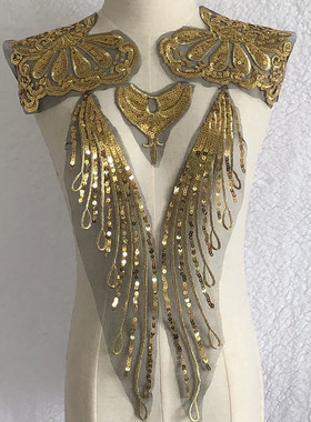 SASKIA黑底金线亮片网纱刺绣布贴衣服装饰辅料补丁花手工DIY五朵