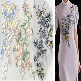 蕾丝婚纱裙衣服装 长条灰蓝花朵网纱刺绣布贴时尚 饰手工缝补丁辅料