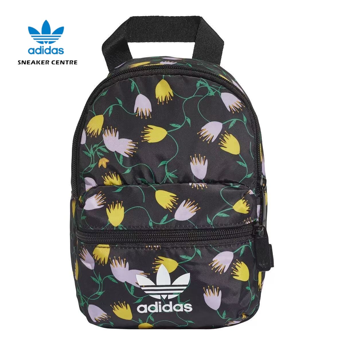 adidas originals大logo花卉印花拉链开合涤纶书包背包迷你双肩包
