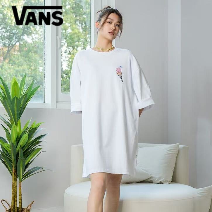 VANS 舒适宽松可爱刺绣廓形oversize夏款全棉中长款卫衣T恤 白色
