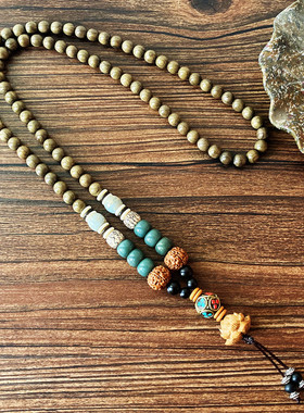 原创设计桃木莲花金丝楠木佛珠项链男女民族风个性白搭毛衣链礼物