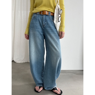 软糯牛仔蓝弯刀裤 复古气球裤 新款 女配腰带2026春季 宽松显瘦 牛仔裤