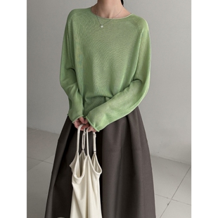 韩系温柔镂空透视圆领上衣 2026早春新款 软糯亲肤卷边针织衫 女短款