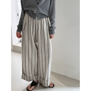 九分阔腿裤 新款 女宽松2026春夏季 松弛慢人风亚麻卷边竖条纹休闲裤