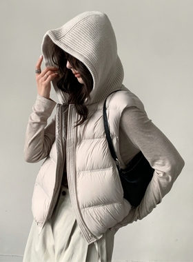韩系针织连帽泡芙羽绒服马甲女2025冬季新款90白鸭绒坎肩无袖外套