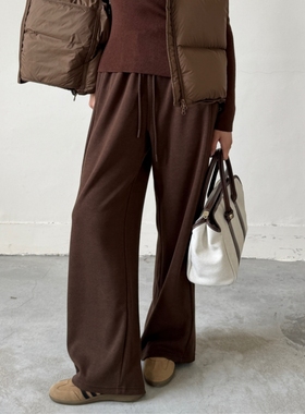 时髦松弛感舒适磨毛休闲卫裤女2025秋季新款抽绳松紧腰直筒阔腿裤