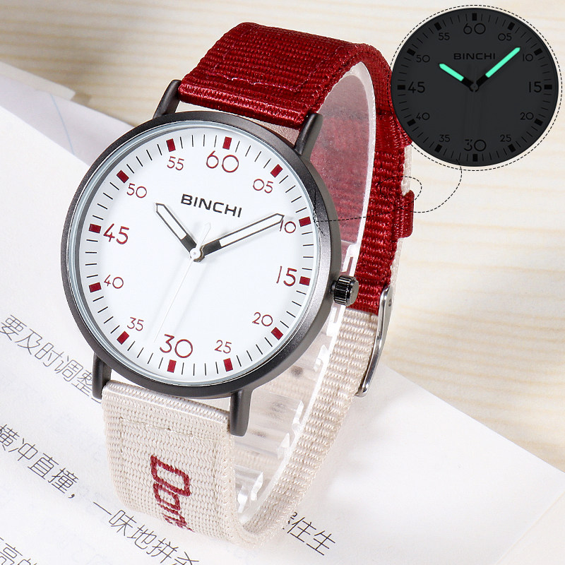 简约时尚圆形腕表男女学生考试专用防水初高中夜光表静音表撞色带