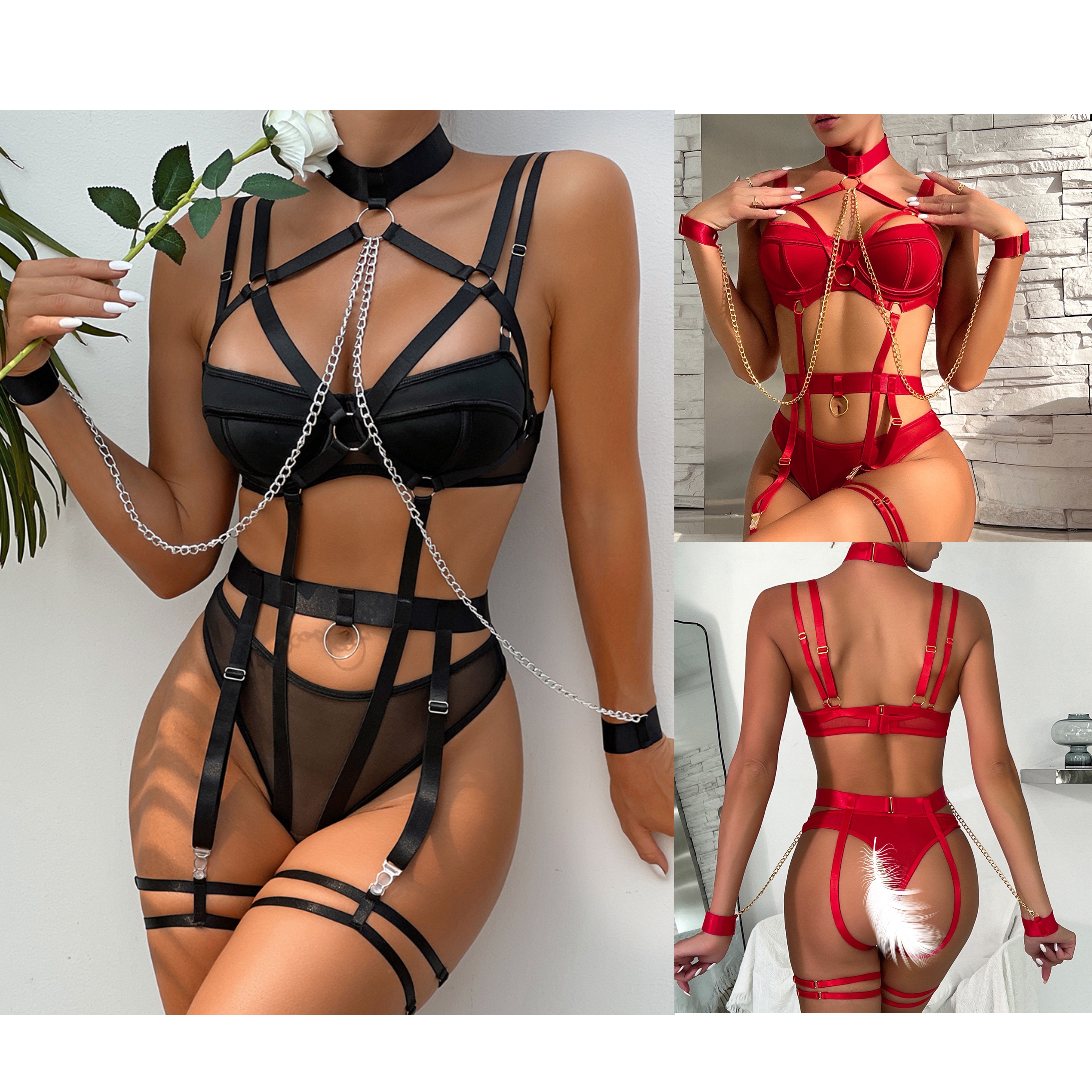 内衣套装 吊袜带 链条四件套 choker garter lingerie