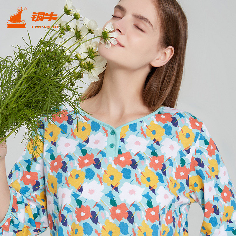 铜牛汗布印花半开襟七分袖女套 纯棉春夏季家居服女睡衣套装VJ094,女士内衣/男士内衣/家居服,睡衣/家居服套装,淘宝优惠券,粉丝福利购,淘宝优惠卷