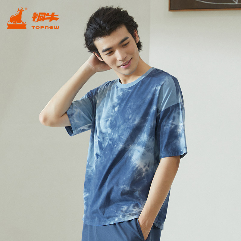 COPPER COW COTTON BLEND TIE-DYE FABRIC ROUND NECK MENS HOME TOP SUMMER BLESS SERIES SHORT SLEEVE SHIRT NS094