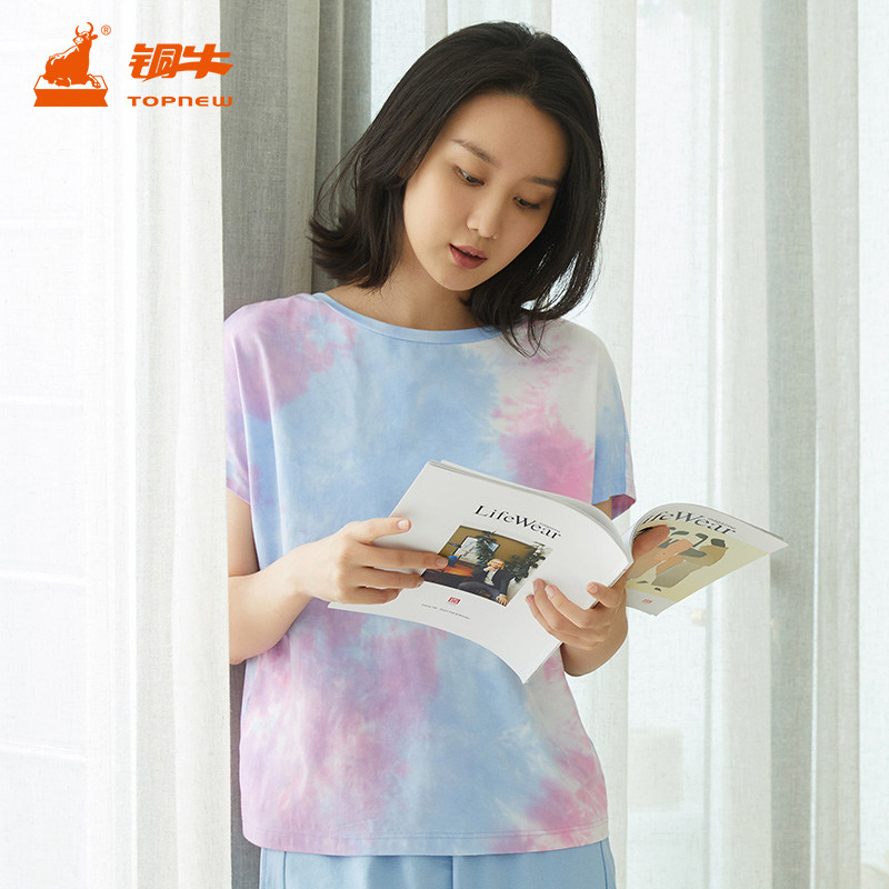 铜牛棉混纺扎染布一字领女睡衣