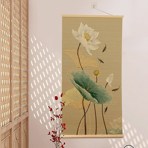 荷花新中式印花禅意竹帘装饰画客厅玄关走廊卷帘壁画书房茶室挂画