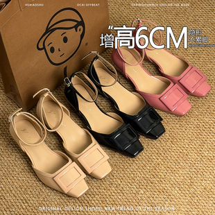 百搭防滑单鞋 羊皮版 时尚 女2026年新款 内增高6CM方扣优雅中空凉鞋