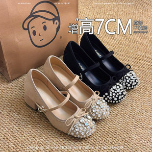 小香风甜美单鞋 女2026春款 增高7CM圆头水钻蝴蝶结玛丽珍鞋 羊皮版