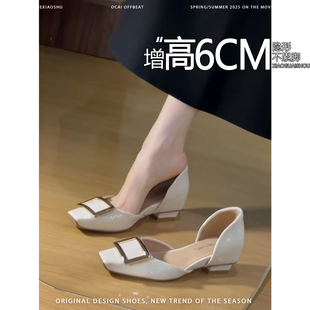 浅口单鞋 增高6CM金属方扣中空凉鞋 时尚 一脚蹬玛丽珍鞋 女2026新款