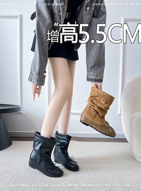 羊皮版内增高复古风蝴蝶结圆头堆堆靴女2026新款显瘦百搭时装短靴